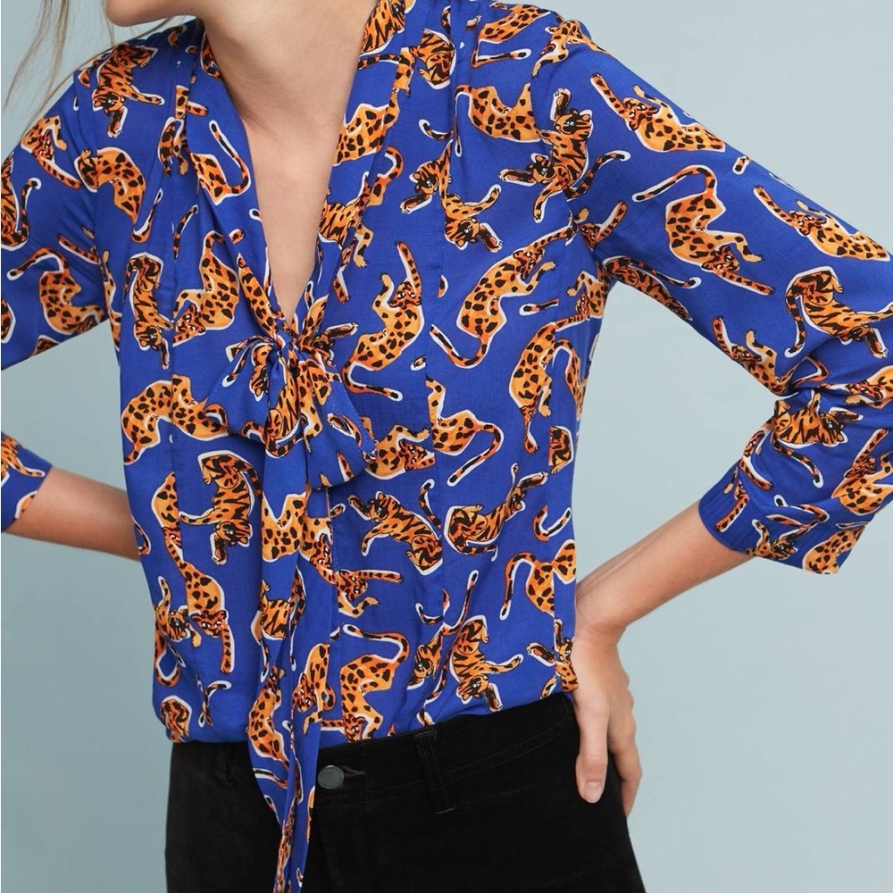 Anthropologie Blue Leopard Print Top